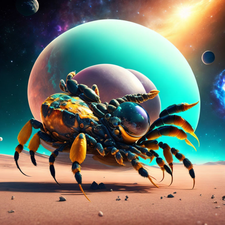 Colossal crab on alien planet with surreal backdrop