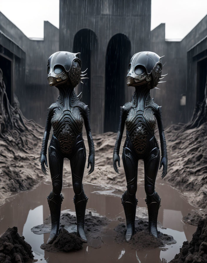 Alien-suited humanoid figures in muddy water with industrial backdrop