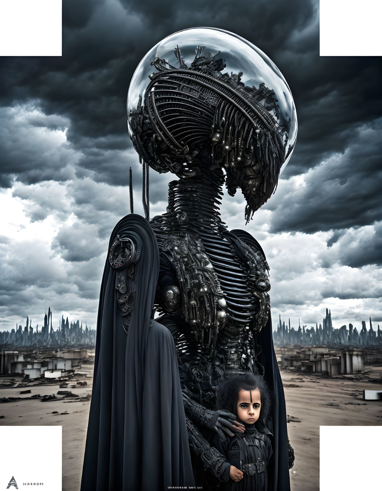 Child standing next to towering mechanical entity with city inside, under stormy sky