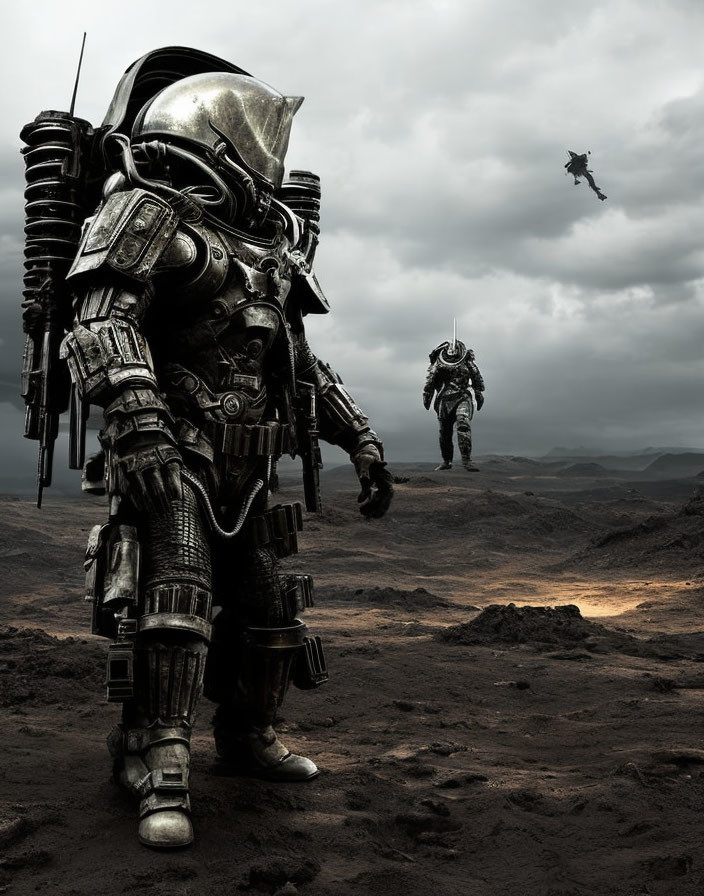 Armored figures in desolate landscape with one leaping under stormy sky