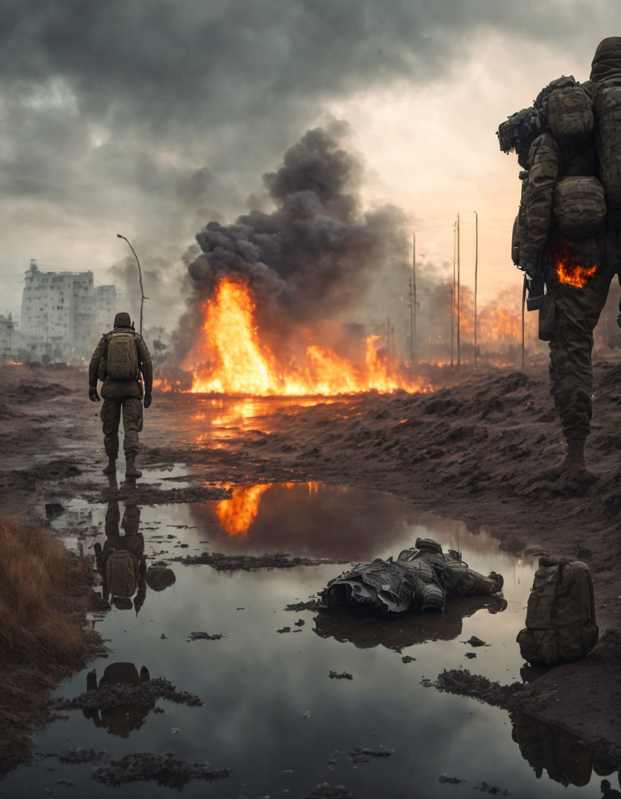 Soldiers walking towards fiery explosion in war-torn landscape