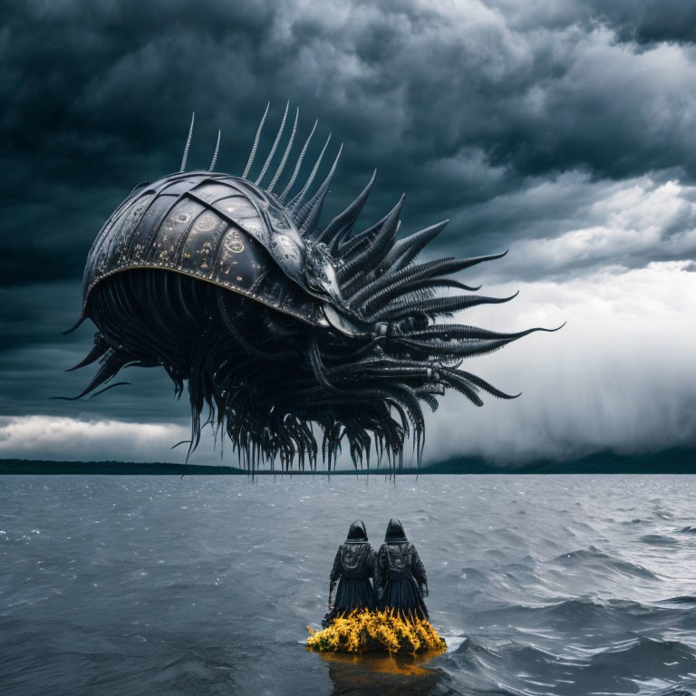 Surrealist artwork: Giant metallic sea urchin over calm sea