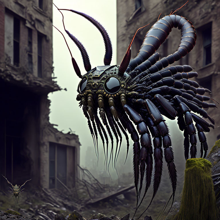 Giant centipede creature in foggy dystopian setting