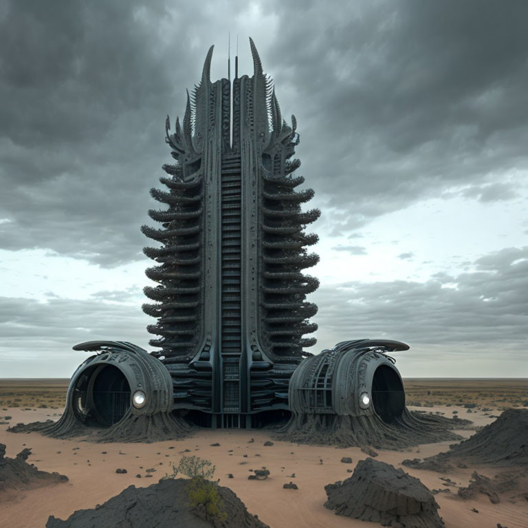 Futuristic building with spire-like projections in desert landscape