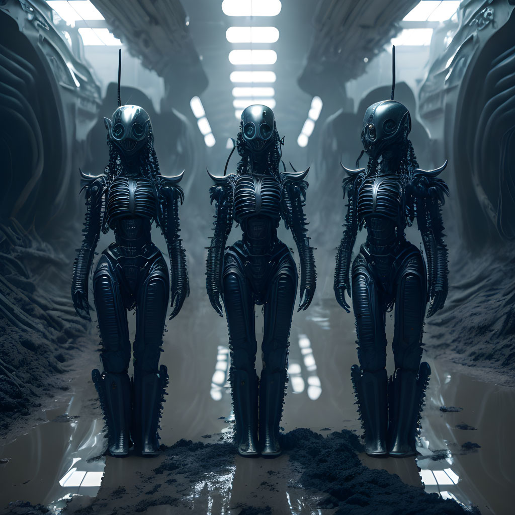 Three humanoid robots in intricate exoskeletons in dimly lit sci-fi corridor