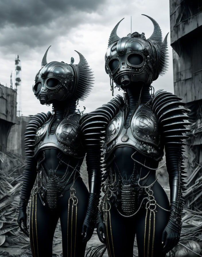 Futuristic armored figures with horned helmets in industrial setting