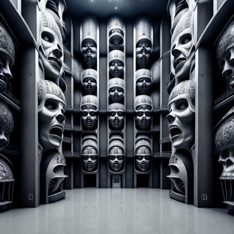 Symmetrical surreal library with giant human face bookends