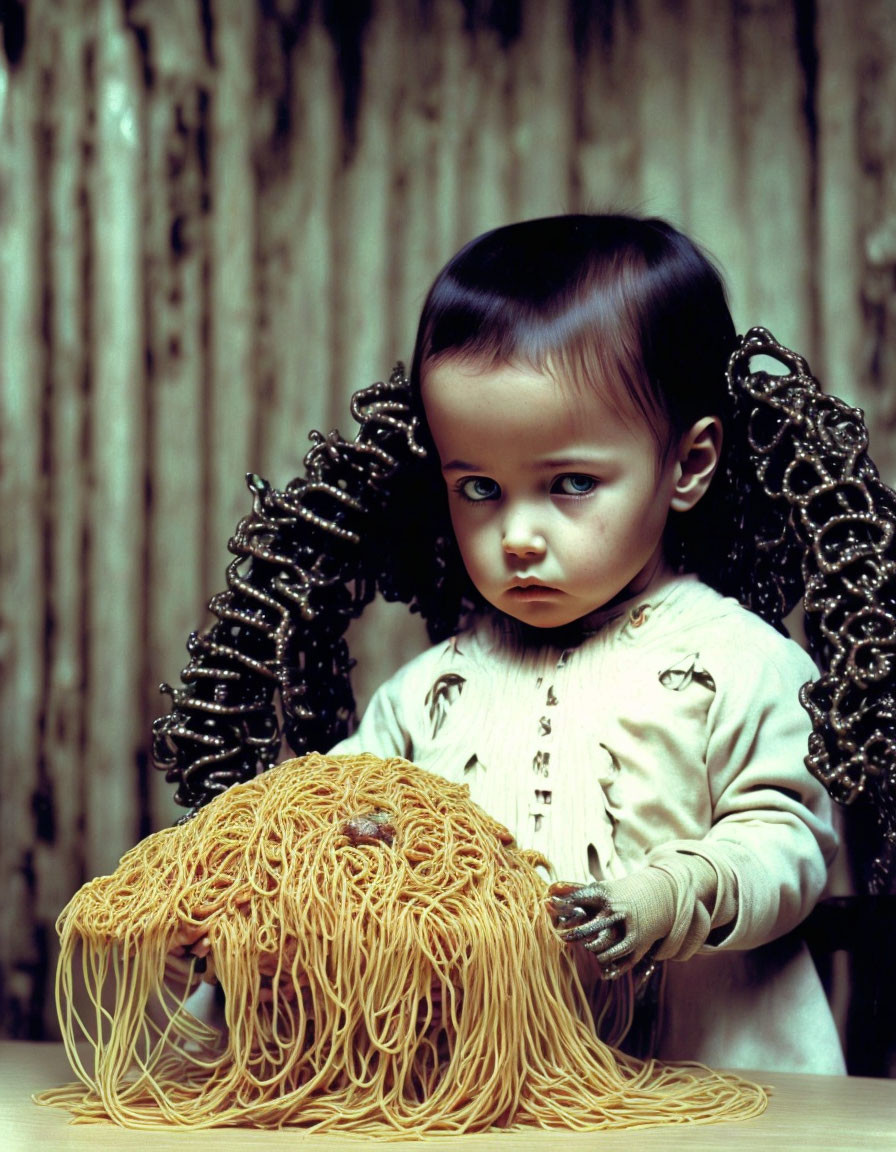 Child in cream outfit with dark hair and black accessory, yellow string on table