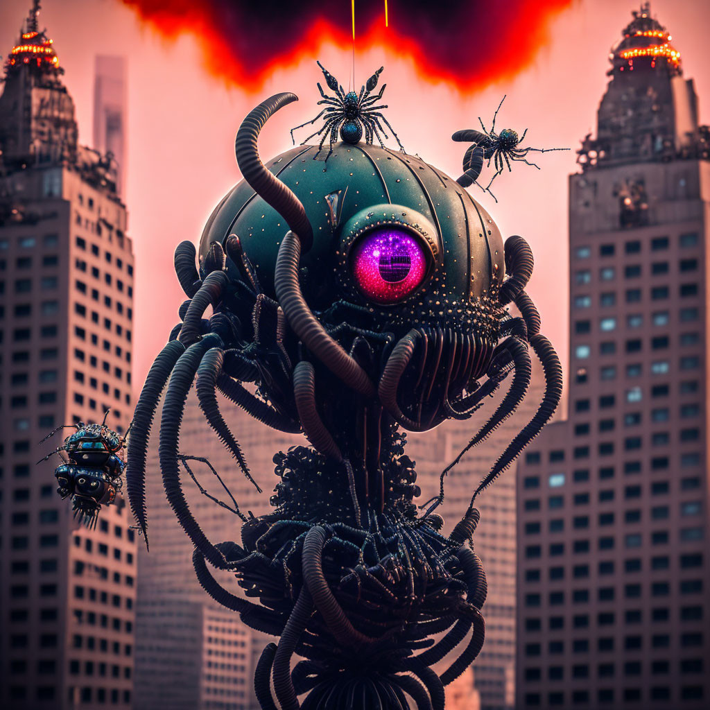 Gigantic robotic sphere with tentacles and drones in dystopian cityscape