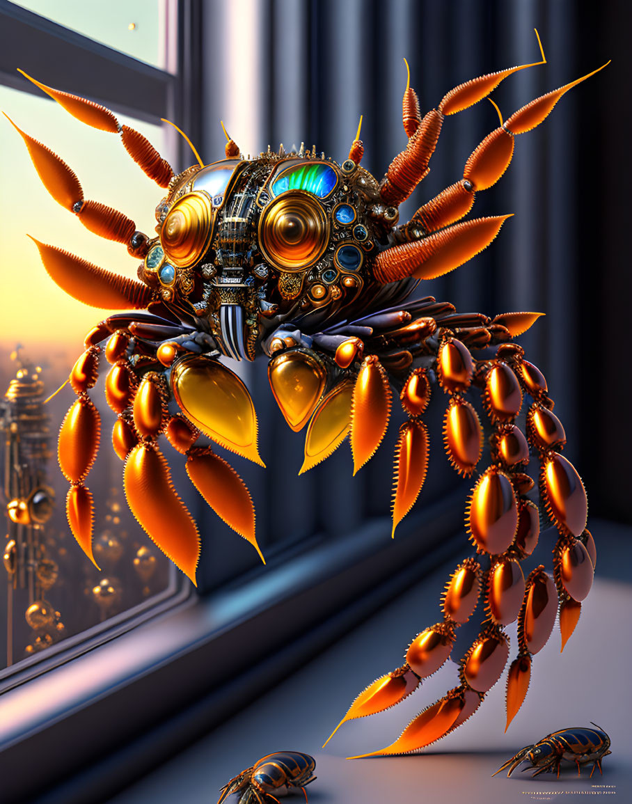 Detailed Mechanical Spider in Golden and Copper Hues on Cityscape Windowsill