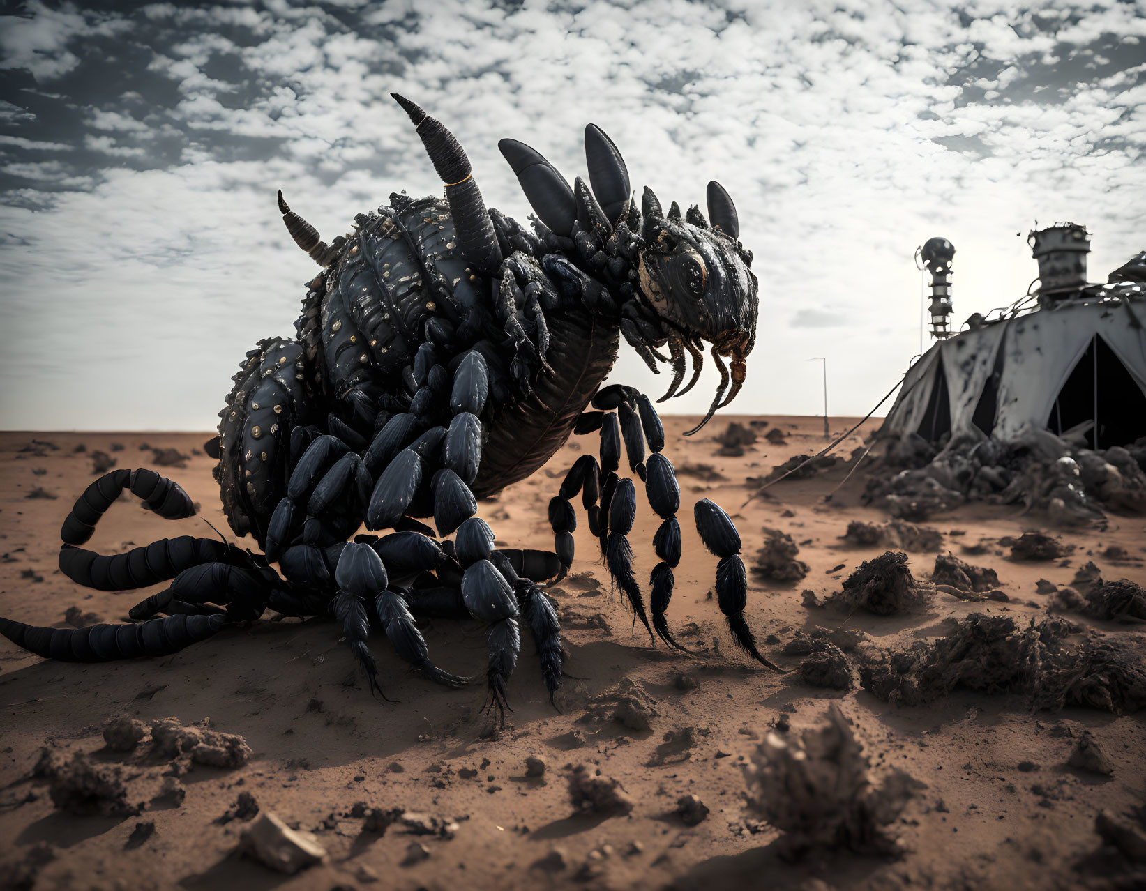 Gigantic scorpion-like creature in desert with shipwreck