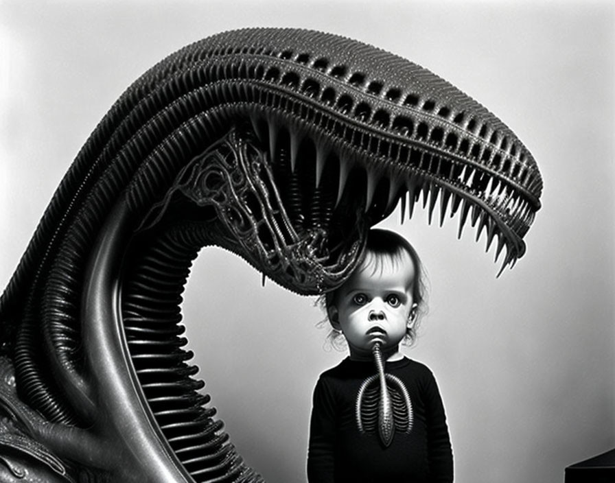 Monochrome image of child facing large Alien creature