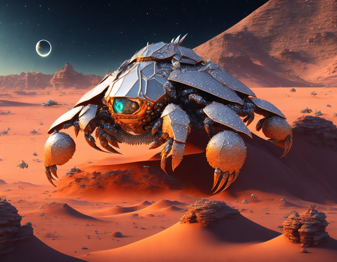 Mechanical crab art in desert landscape with moon