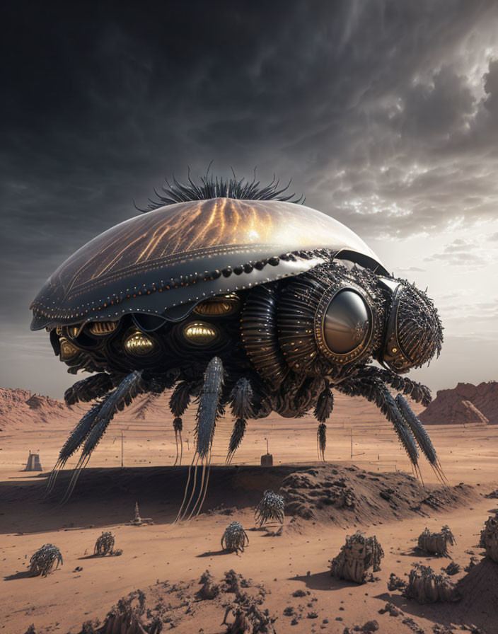 Metallic robotic beetle in barren desert landscape under dramatic sky