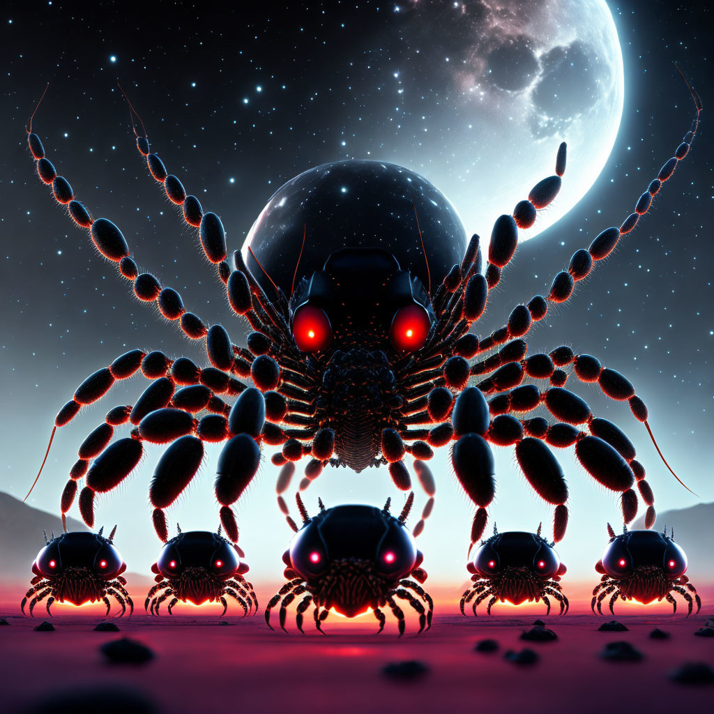 Digital illustration: Glowing robotic spiders on alien terrain