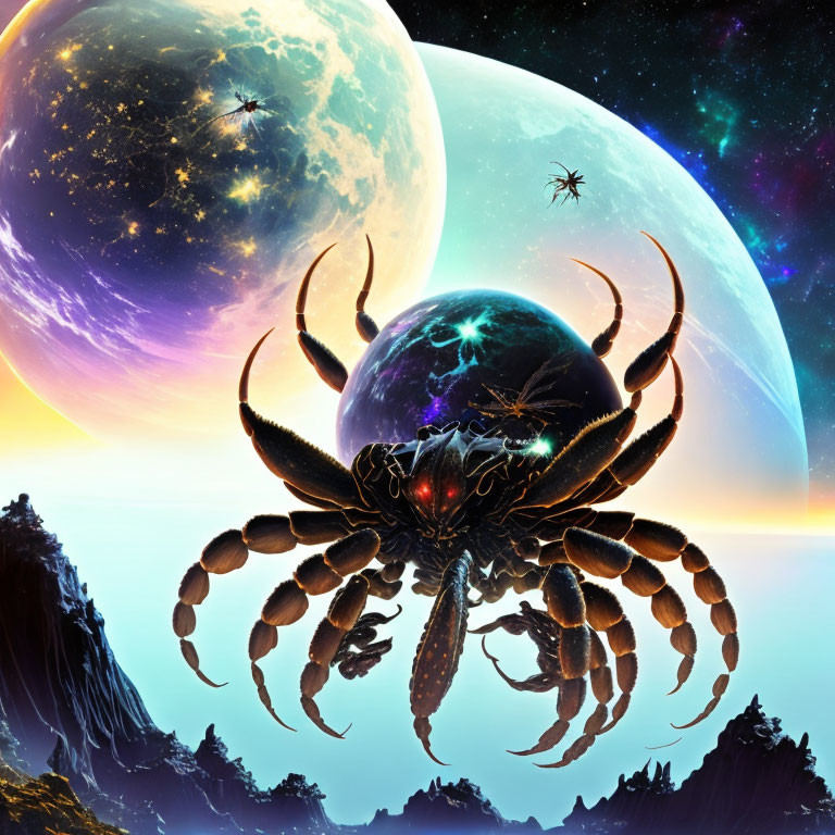 Fantasy spider with red eyes in cosmic setting with celestial bodies.