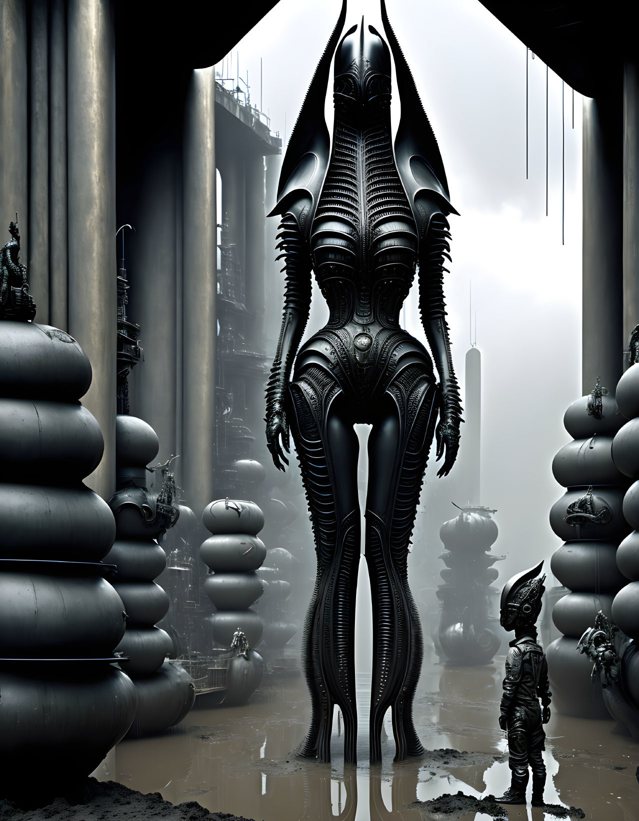 Intricate biomechanical entity in dark industrial landscape