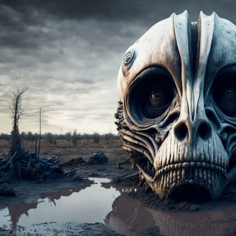 Intricate skull with eye sockets in desolate landscape under moody sky