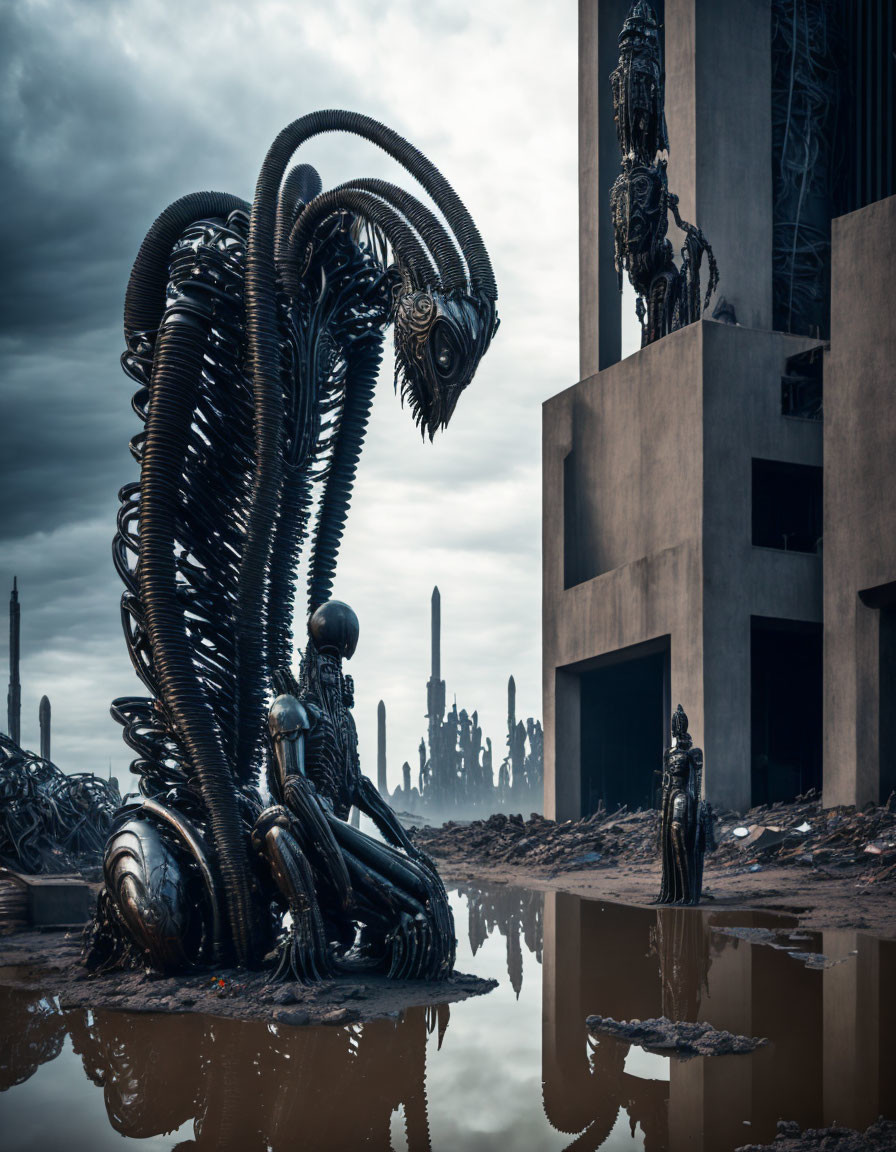 Large biomechanical alien creature in industrial setting under cloudy sky