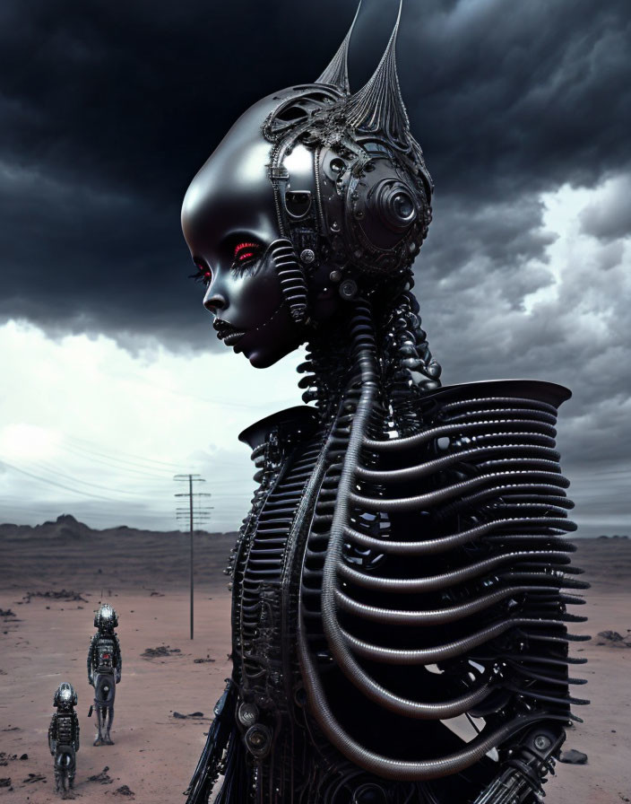 Detailed futuristic robotic figures in desolate landscape under stormy sky