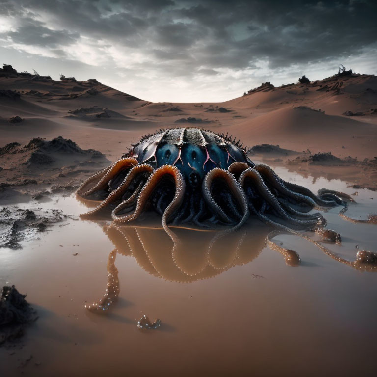 Surreal giant octopus with ladybug shell in desert landscape