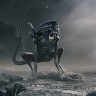 Menacing alien creature with exoskeleton in stormy landscape