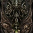 Gothic image with alien creatures and central figure holding orb