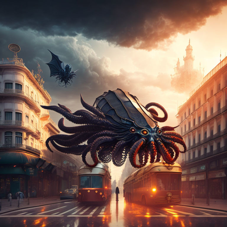 Giant octopus with dragon wings flies over vintage trams on sunlit street