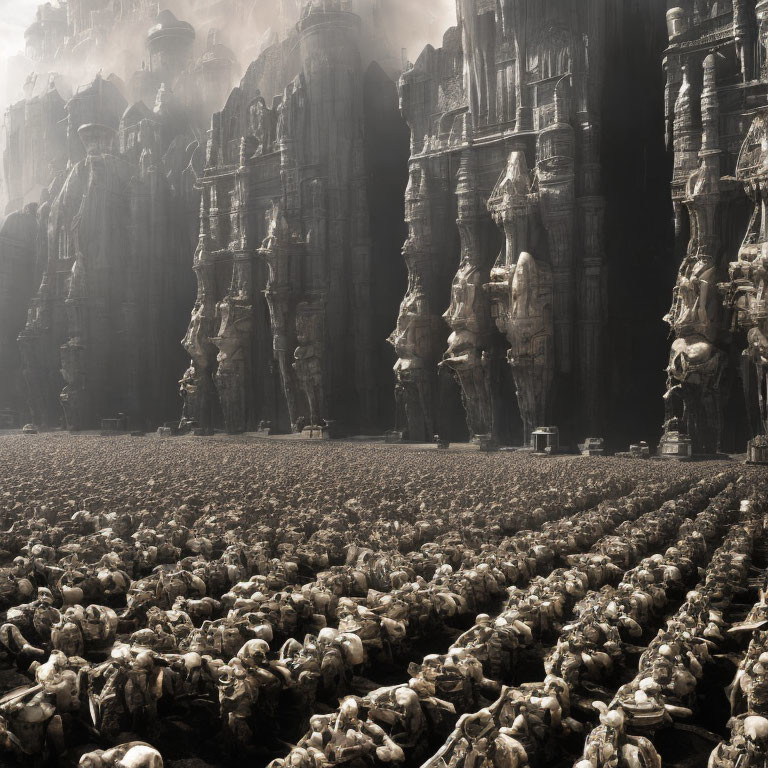 Dystopian landscape with identical statues and imposing structures