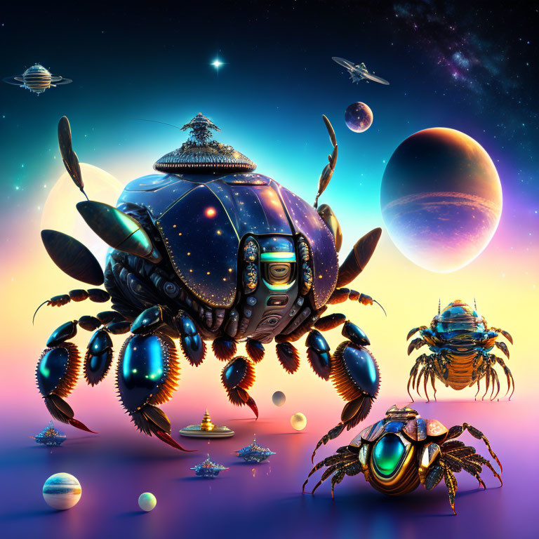 Metallic beetles with cosmic patterns among planets and spaceships in digital art