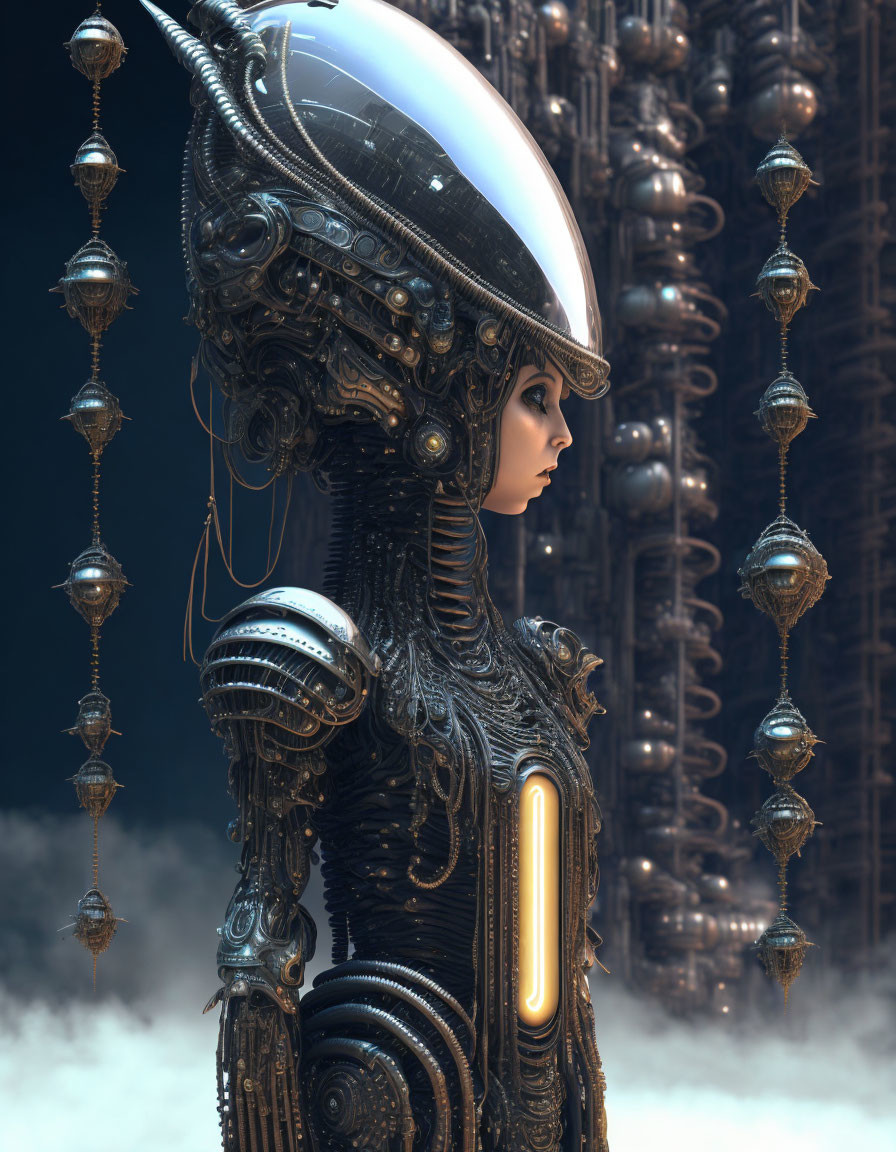 Detailed 3D humanoid robot with intricate mechanical elements and glossy helmet against futuristic towers.