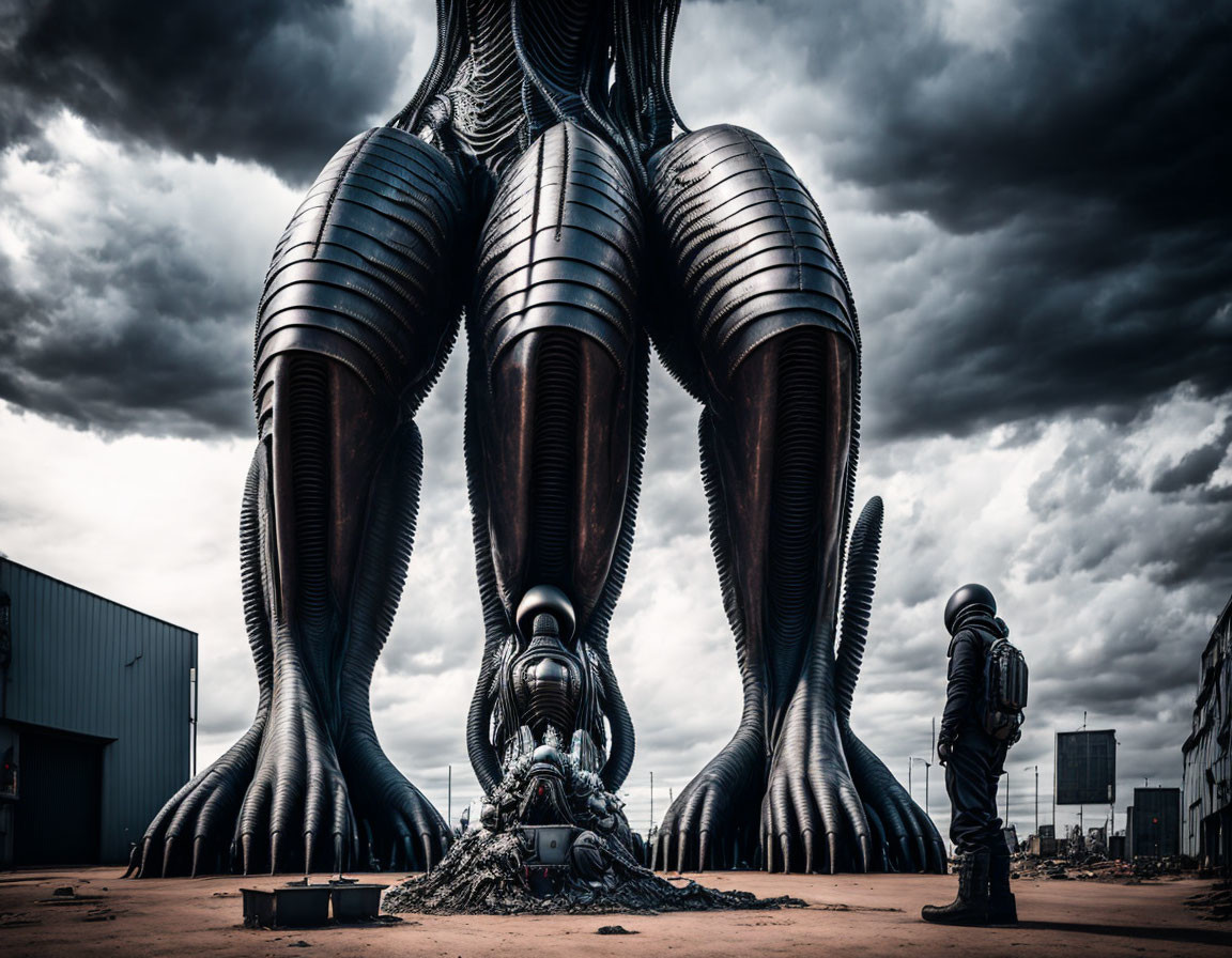 Hazmat-suited Figure Observing Alien-Like Metallic Structure Under Dramatic Sky