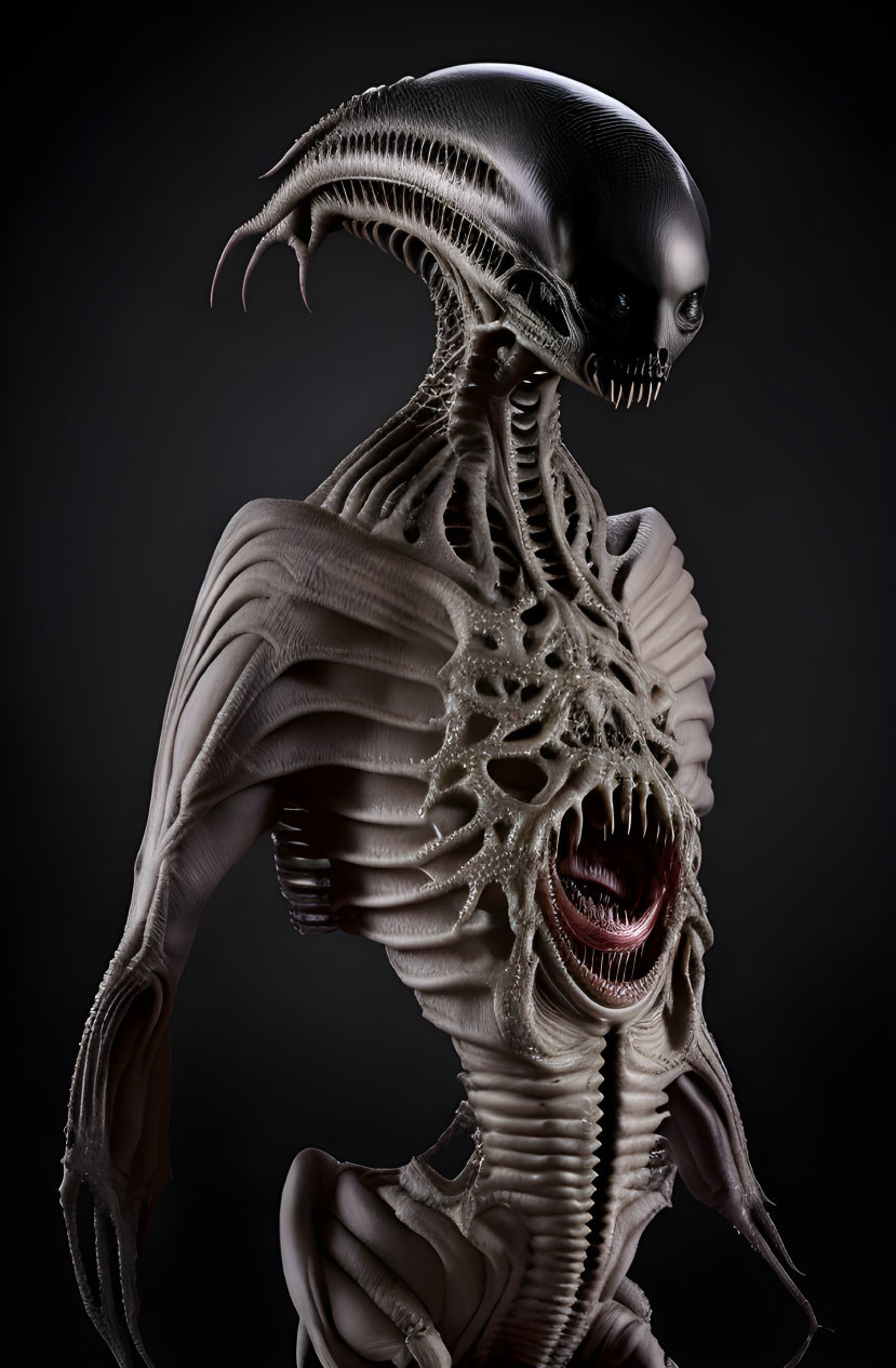 Alien creature with glossy dome head and sharp teeth on dark background