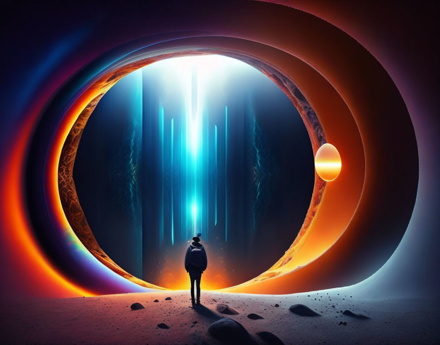 Person standing before glowing portal in barren landscape with fiery outer ring and blue-lit core.