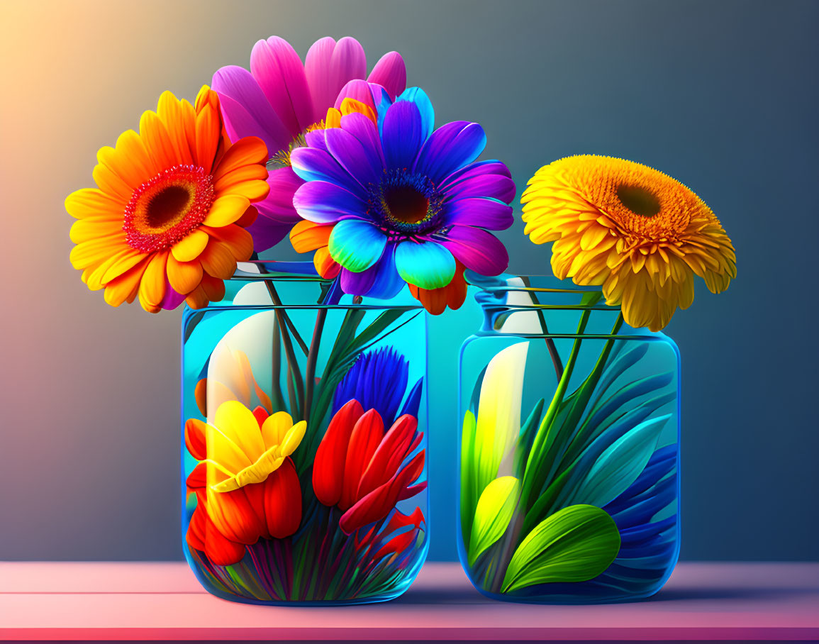 Vibrant flowers in glass jars on gradient background