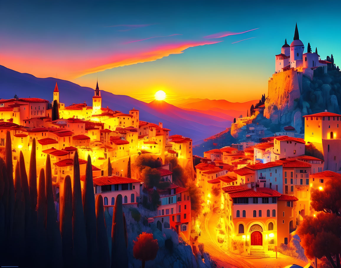 Scenic sunset over illuminated hilltop village with castle