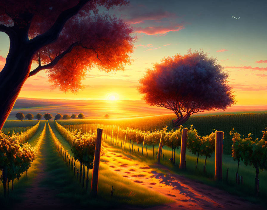 Colorful sunset over vineyard with grapevines, red trees, dirt path