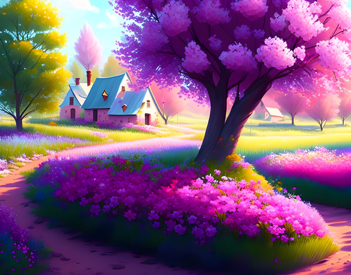 Vibrant digital artwork: Quaint cottage in colorful meadow