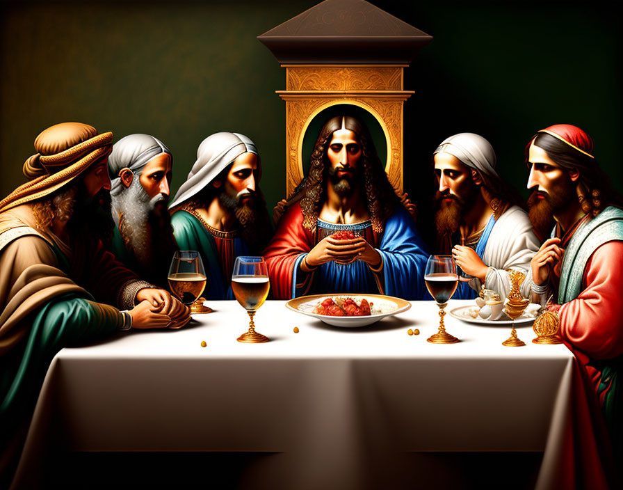 Religious painting of Jesus and disciples at the Last Supper