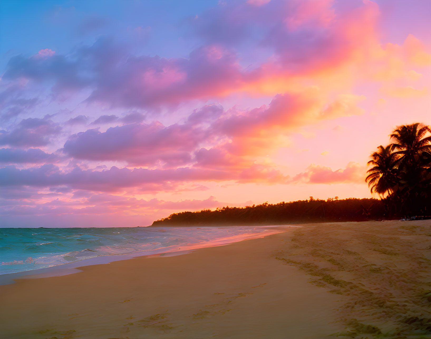 Tropical Beach Sunset with Pink and Blue Sky