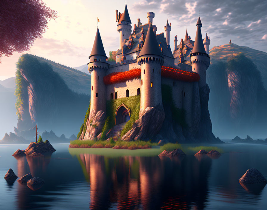 Majestic castle with spires on islet, sunset reflection in serene water, rugged landscape.