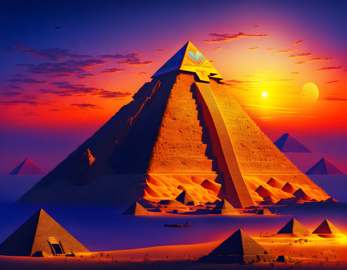 Surreal artwork of Egyptian pyramids under dual suns and glowing entrance