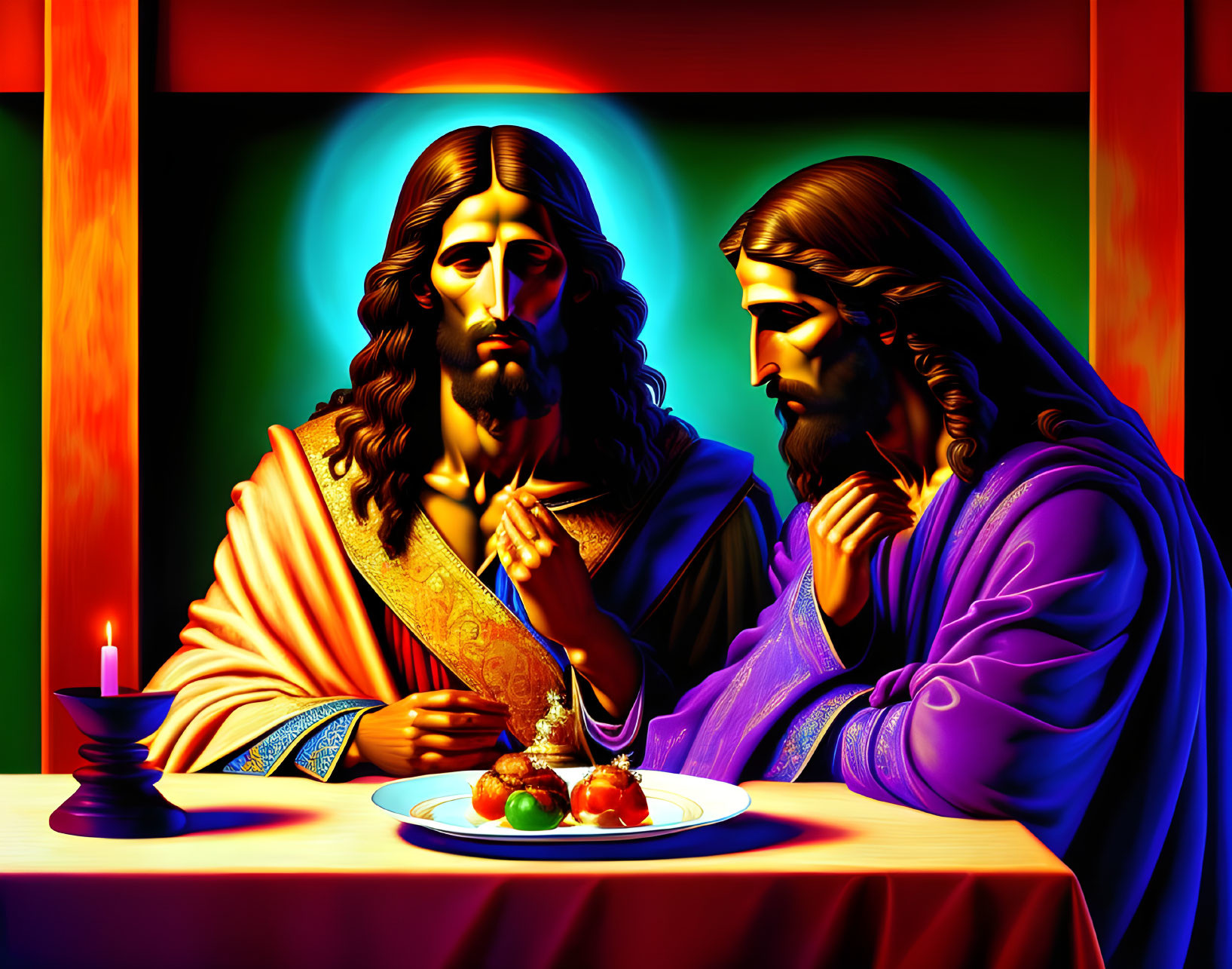 Colorful digital art of religious figures at table with food and candle