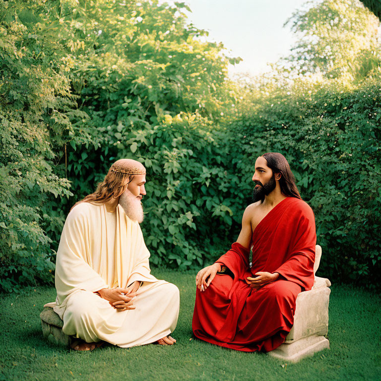 Men in historical robes having a serene conversation in lush green setting