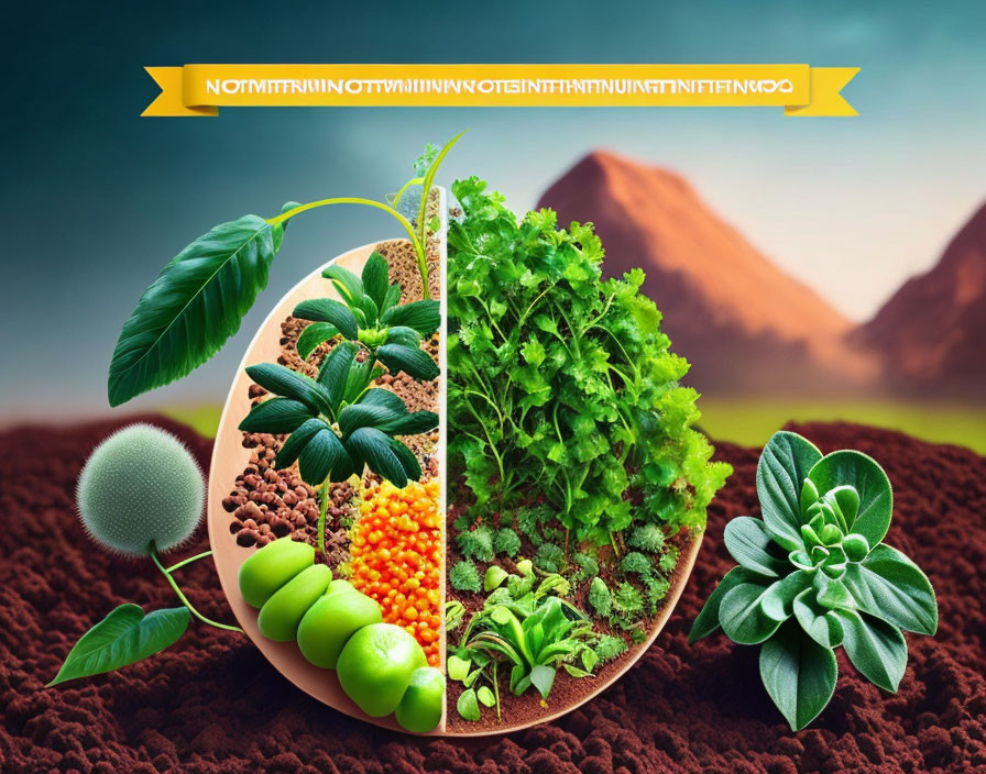 Circular Soil Cross-Section with Plants and Mountain Landscape