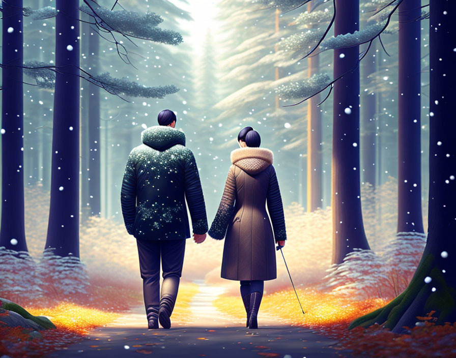 Couple walking hand in hand in snowy forest with tall trees