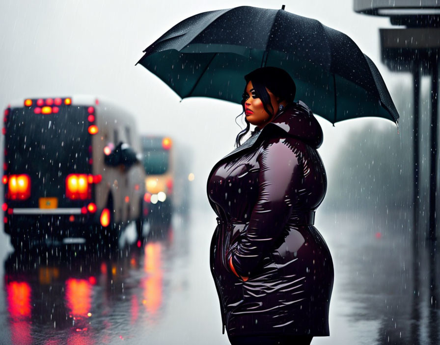 Person with black umbrella on rainy day in cityscape