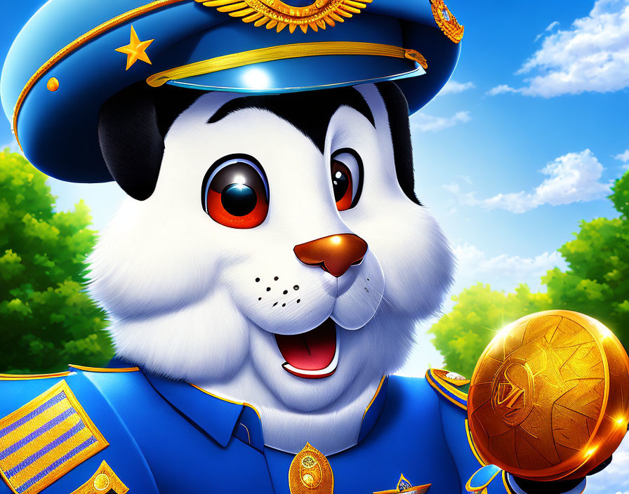 Cartoon Police Dog with Gold Badge in Blue Uniform