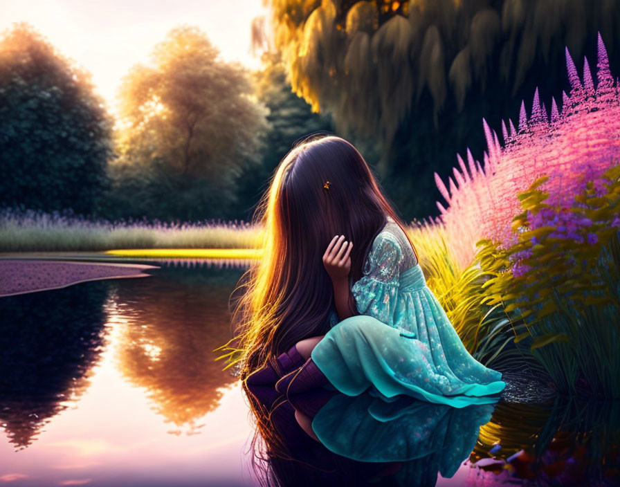 Girl with Long Hair Sitting by Tranquil Pond at Sunset surrounded by Greenery and Purple Flowers