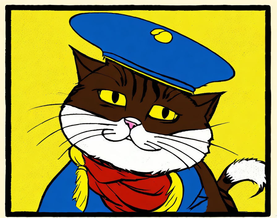 Stern Cat in Pilot's Cap with Red Scarf on Yellow Background